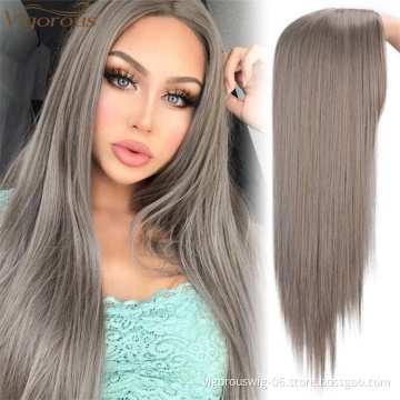 Vigorous Long Silky Straight Synthetic Wigs Middle Part Gray Color Wig For Black White Women Heat Resistant Fiber Cosplay Wigs